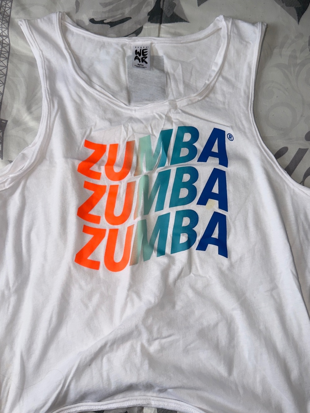 Zumba Fitness White Tank with Orange, Teal & Blue Logo